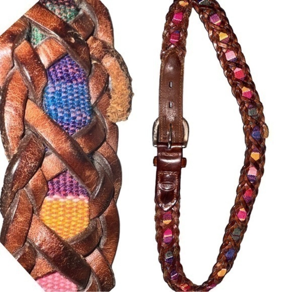 Vintage ▶️ Fossil ◀️ Braided Leather Multi Color Textile Belt. Size Medium